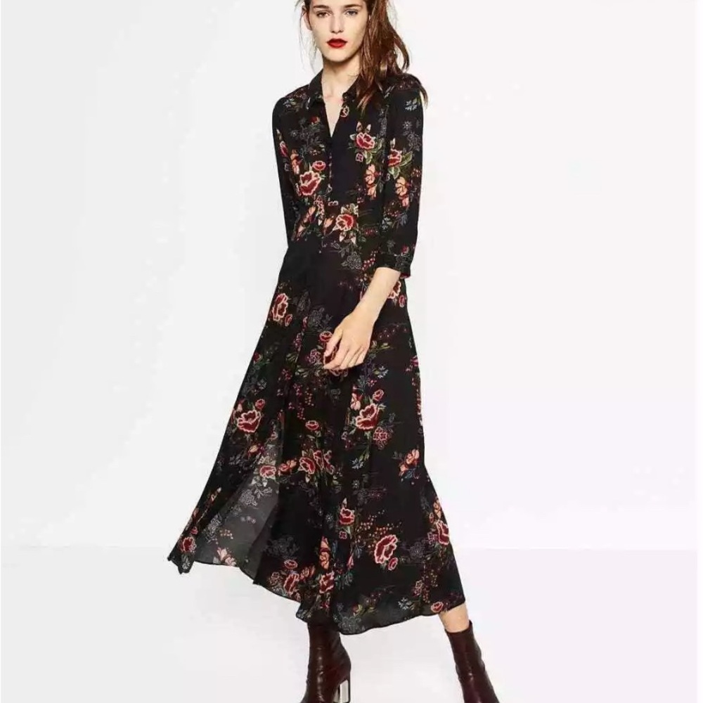 NWOT Zara Trafaluc Black Boho Floral Maxi Dress with 3/4 Sleeves in XS